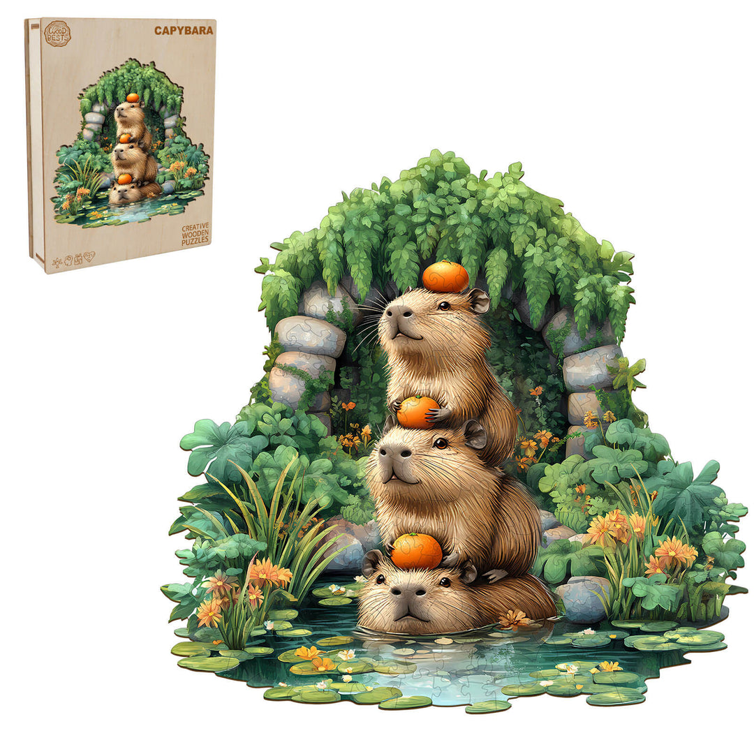 Colorful Capybara wooden jigsaw puzzle featuring three stacked capybaras in a lush green setting.