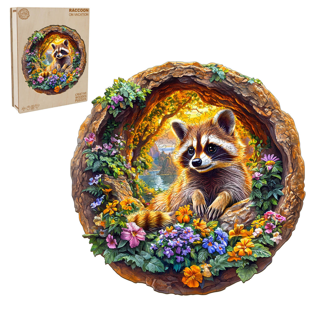 3D Raccoon on Vacation Wooden Jigsaw Puzzle - Woodbests