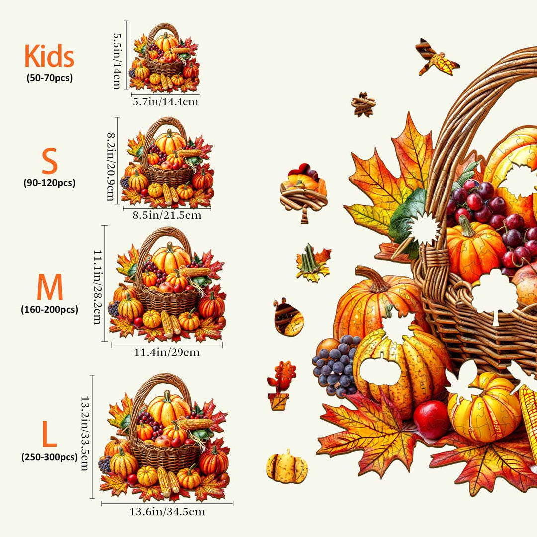 Autumn Wooden Jigsaw Puzzle sizes and piece counts for kids and adults, featuring vibrant fall-themed designs.
