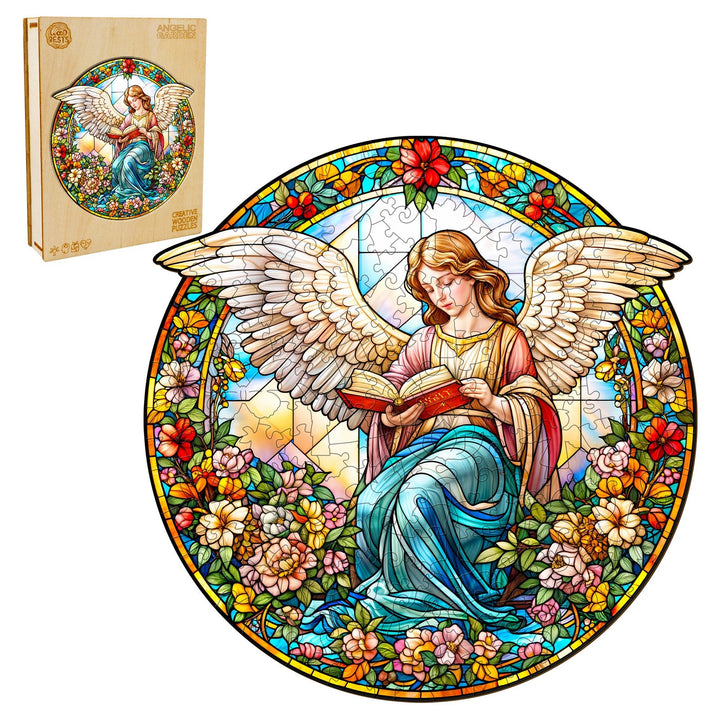 Angelic Garden wooden jigsaw puzzle featuring a beautiful angel surrounded by colorful flowers and vibrant stained glass design.
