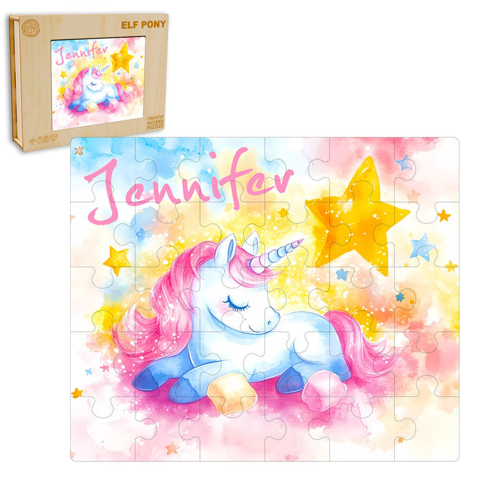 Custom wooden jigsaw puzzle featuring a sleeping unicorn and personalized name 'Jennifer' in colorful design.