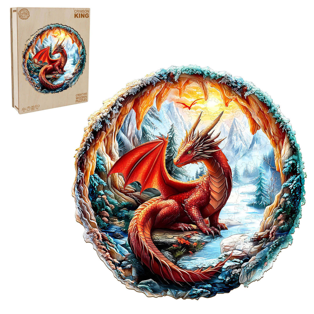 3D Crimson King wooden jigsaw puzzle featuring a red dragon in a frozen cave surrounded by icy formations.