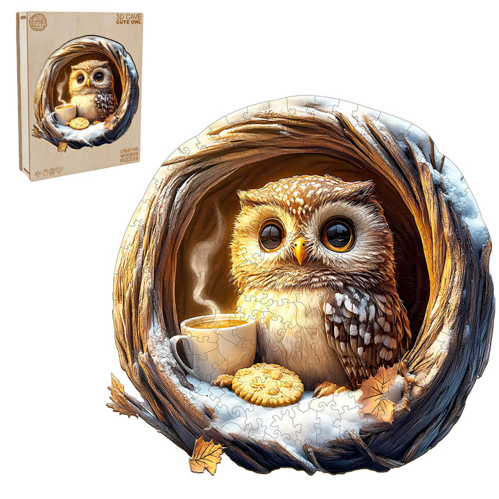 3D Cave Cute Owl Wooden Jigsaw Puzzle featuring an owl in a nest with a cup and cookie, promoting focus and fun.