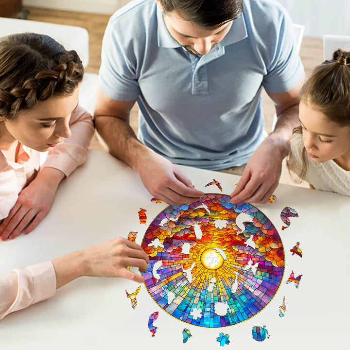Family enjoying the Stained Glass Rainbow Wooden Jigsaw Puzzle together at a table, enhancing focus and cognitive skills.