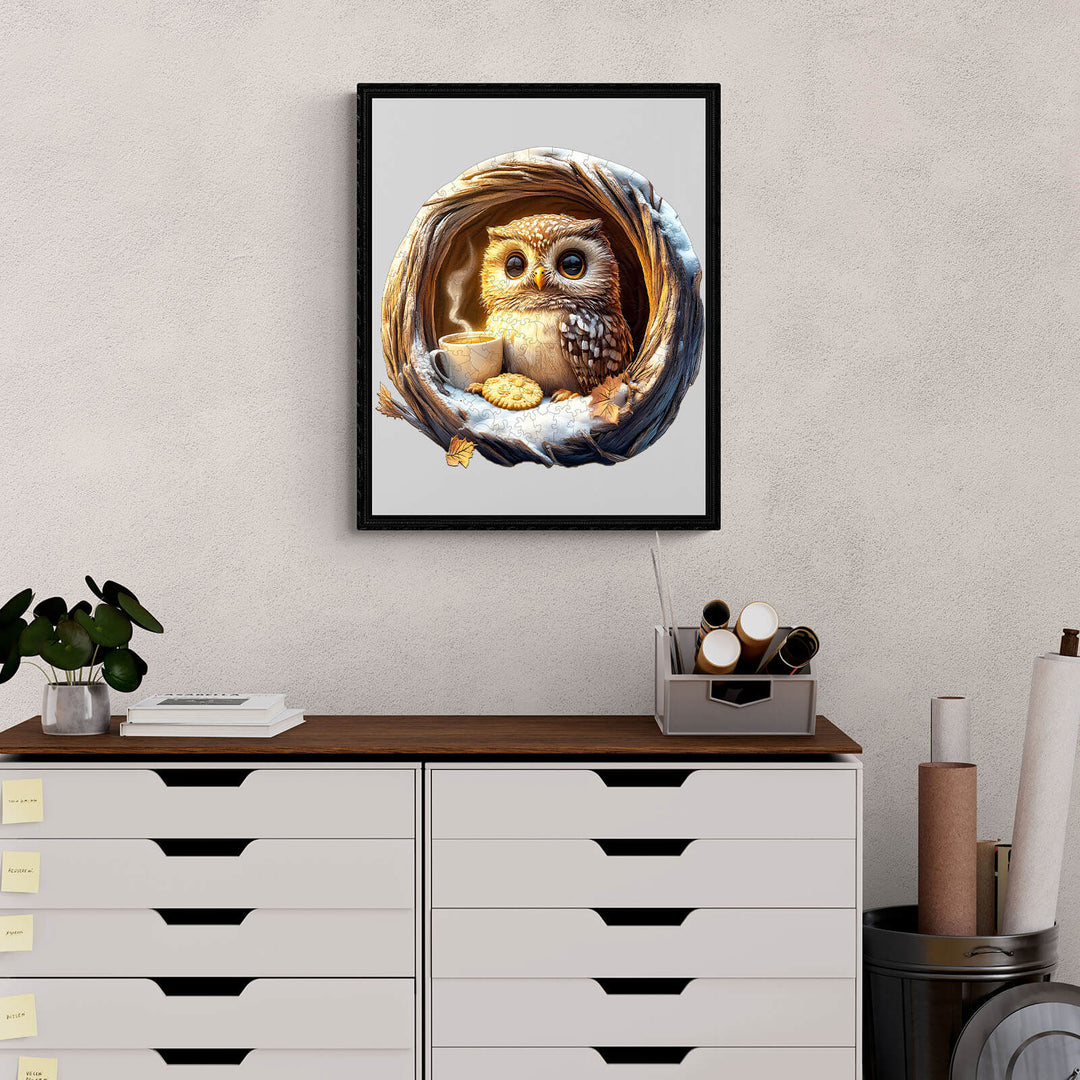 3D Cave Cute Owl wooden jigsaw puzzle art featuring an owl in a cozy nest, perfect for enhancing focus and brain skills.