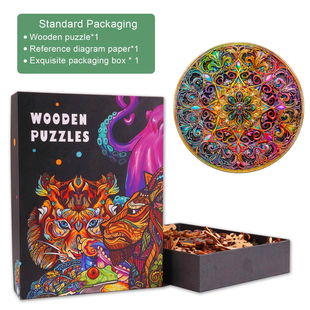 Mandala Dreamland Wooden Jigsaw Puzzle with colorful design and packaging details, ideal for puzzle enthusiasts and mind games.
