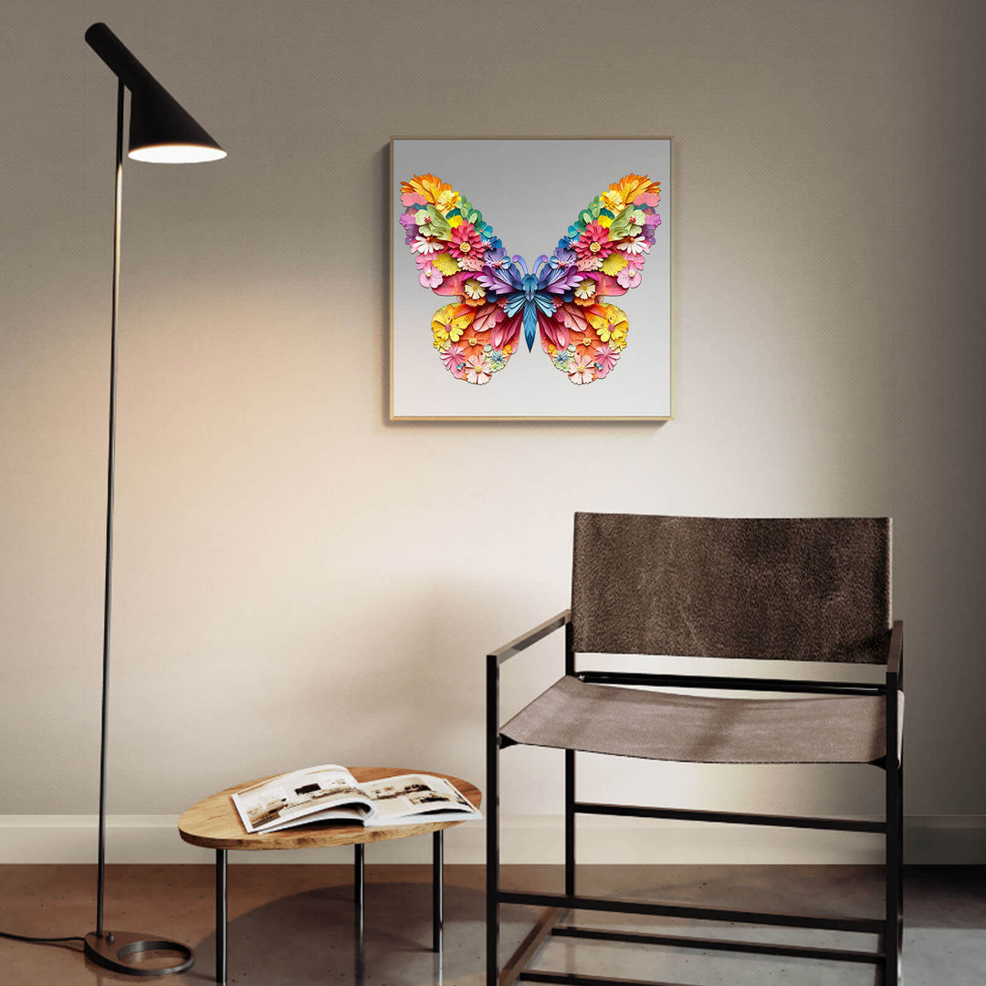 Vibrant 3D colorful butterfly art print displayed in a cozy living room setting with modern decor.