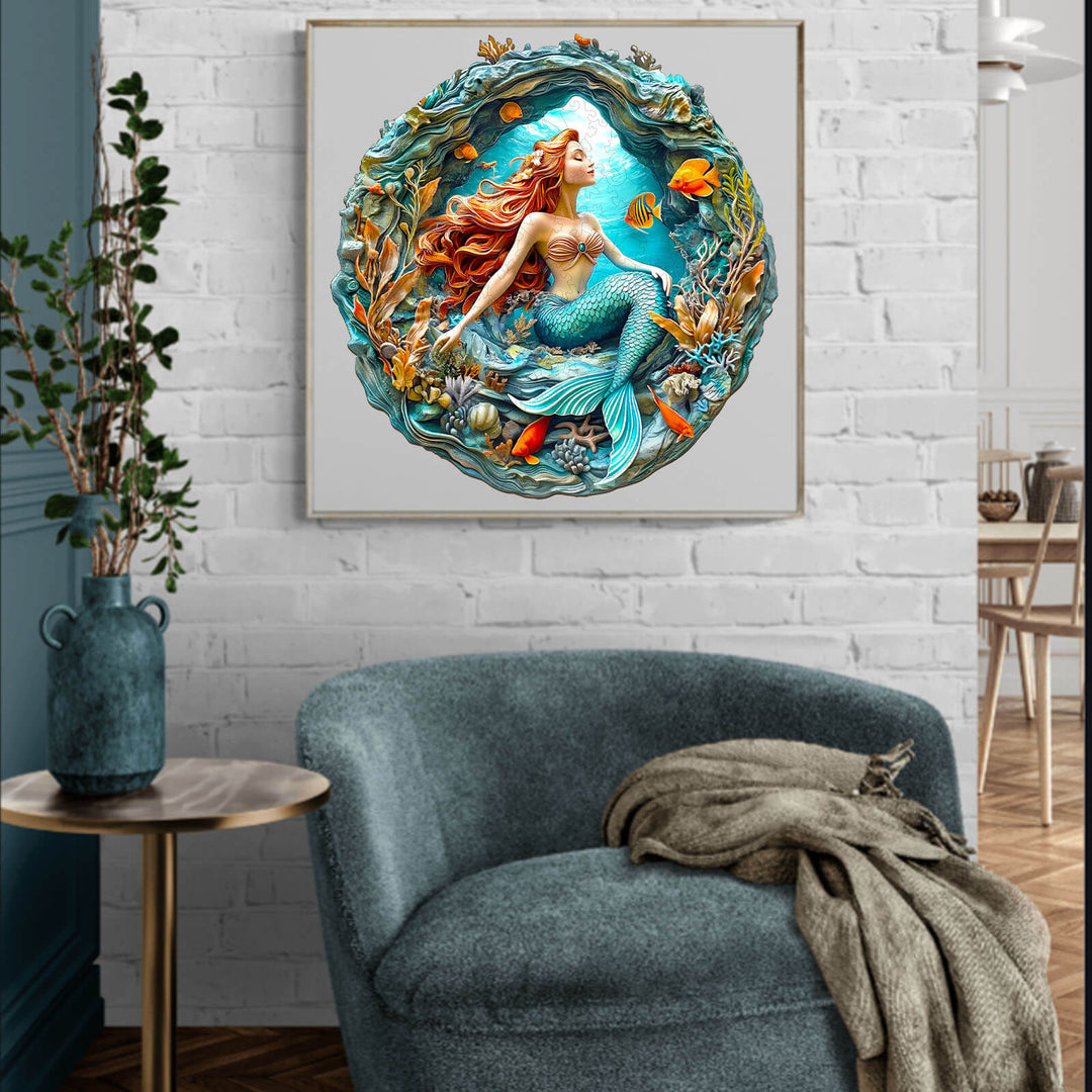 3D Mermaid's Secret Cave jigsaw puzzle displayed in a cozy living room, enhancing focus and creativity through puzzle-solving.