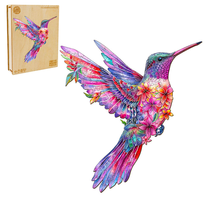 Hummingbird-3 wooden jigsaw puzzle featuring a colorful, detailed hummingbird illustration, perfect for puzzle enthusiasts.