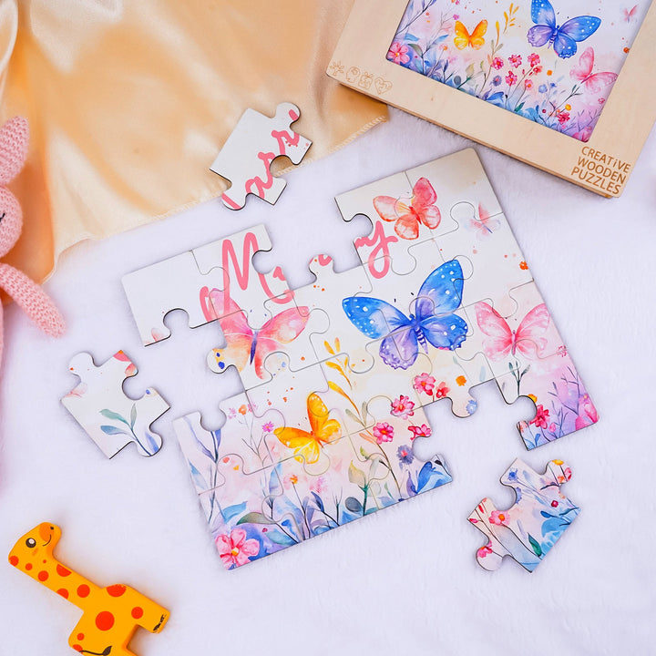 Children's name custom wooden jigsaw puzzle featuring colorful butterflies and flowers.