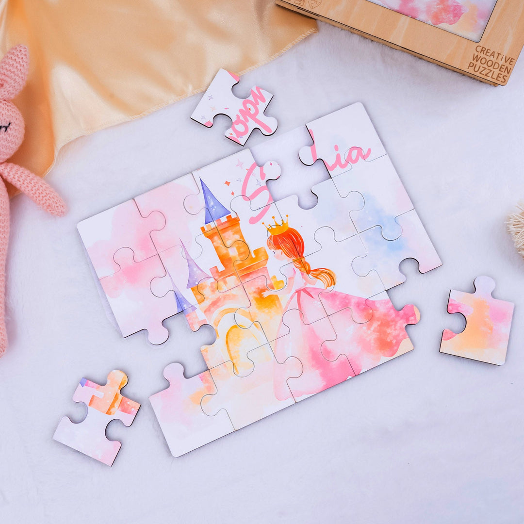 Custom wooden jigsaw puzzle featuring a fairy tale princess and castle, personalized for a child named Sofia.