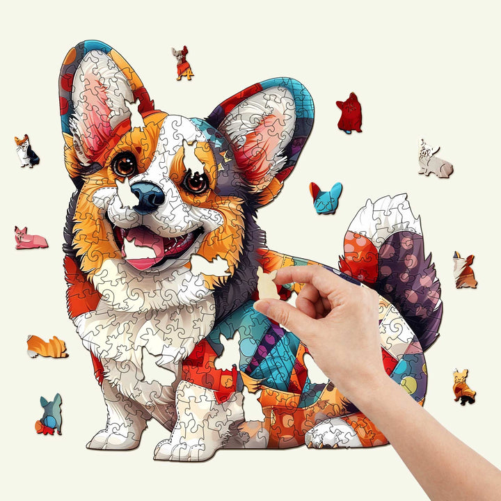 Colorful Patchwork Corgi wooden jigsaw puzzle showcasing a person placing a piece, designed for mindful brain games.