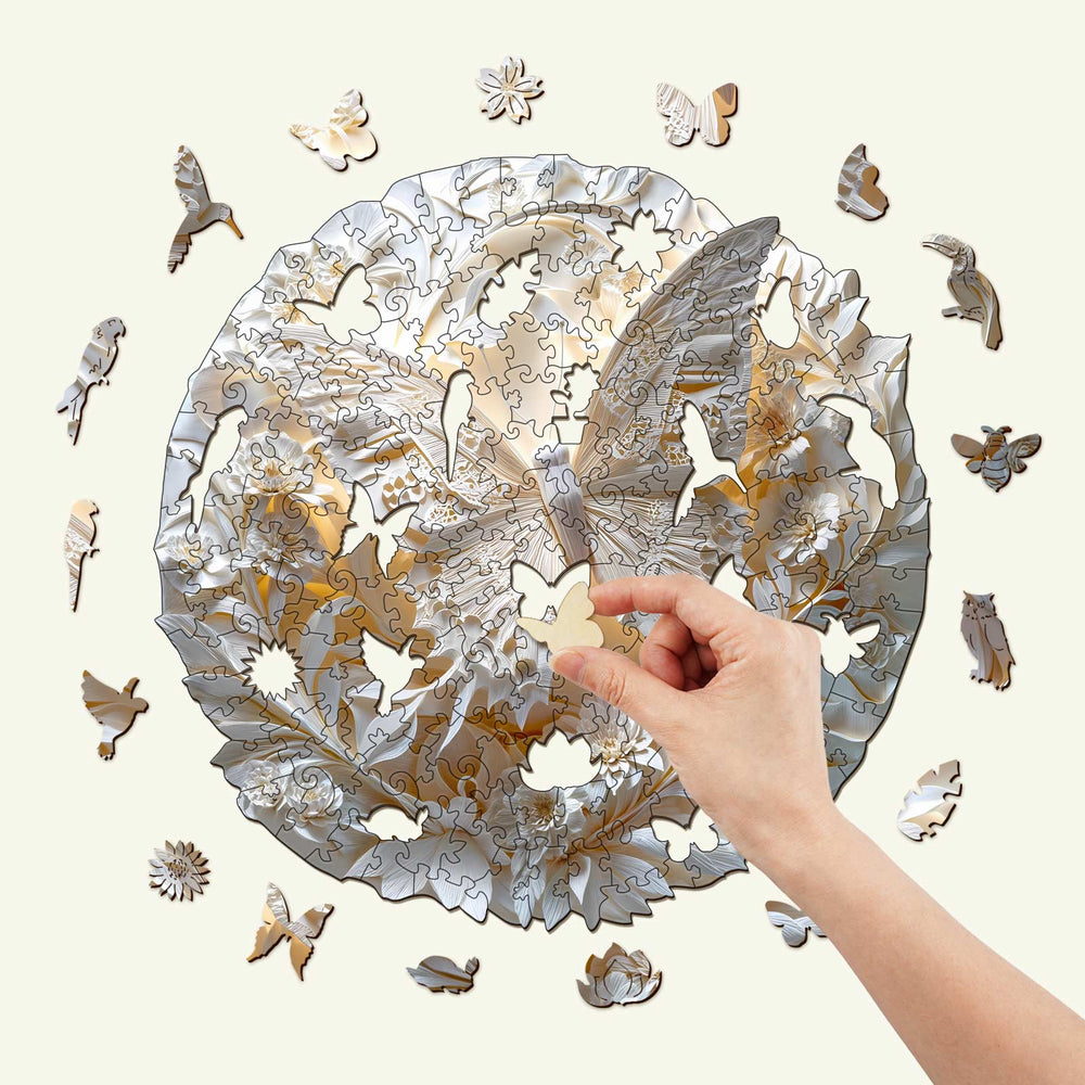 3D Paper Butterfly Wooden Jigsaw Puzzle with hand placing a piece, ideal for enhancing focus and problem-solving skills.