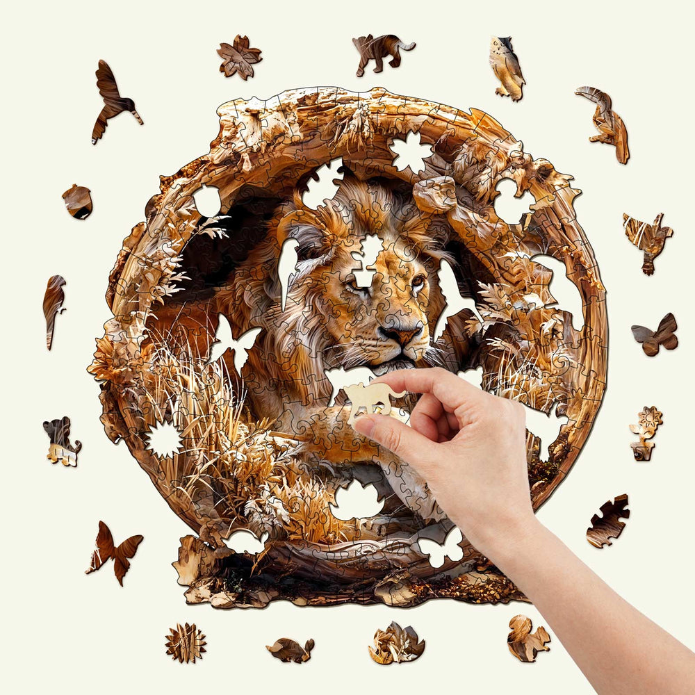Person placing a piece in a 3D Lion wooden jigsaw puzzle with intricate details and wildlife shapes.