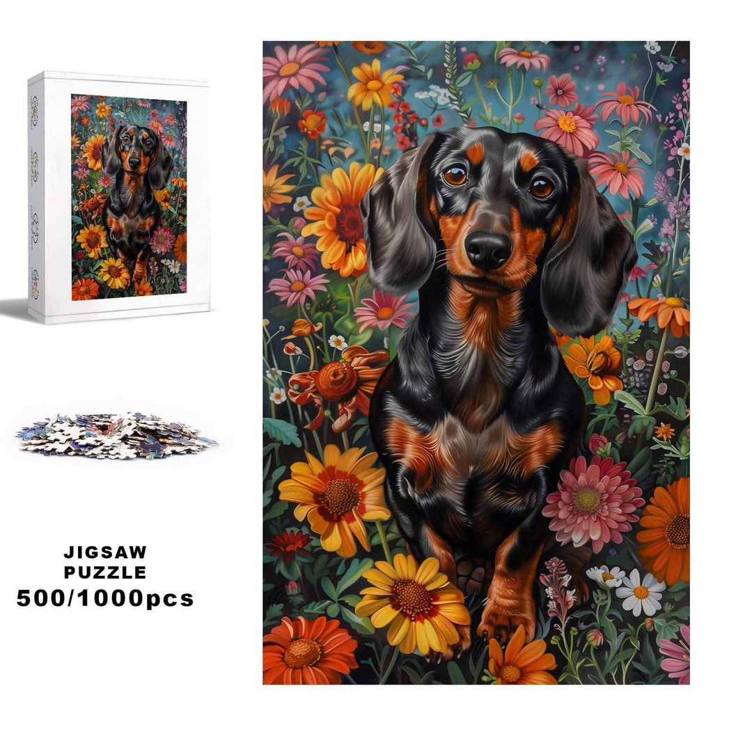 Dachshund in flowers 500 / 1000 Piece Puzzle - Woodbests
