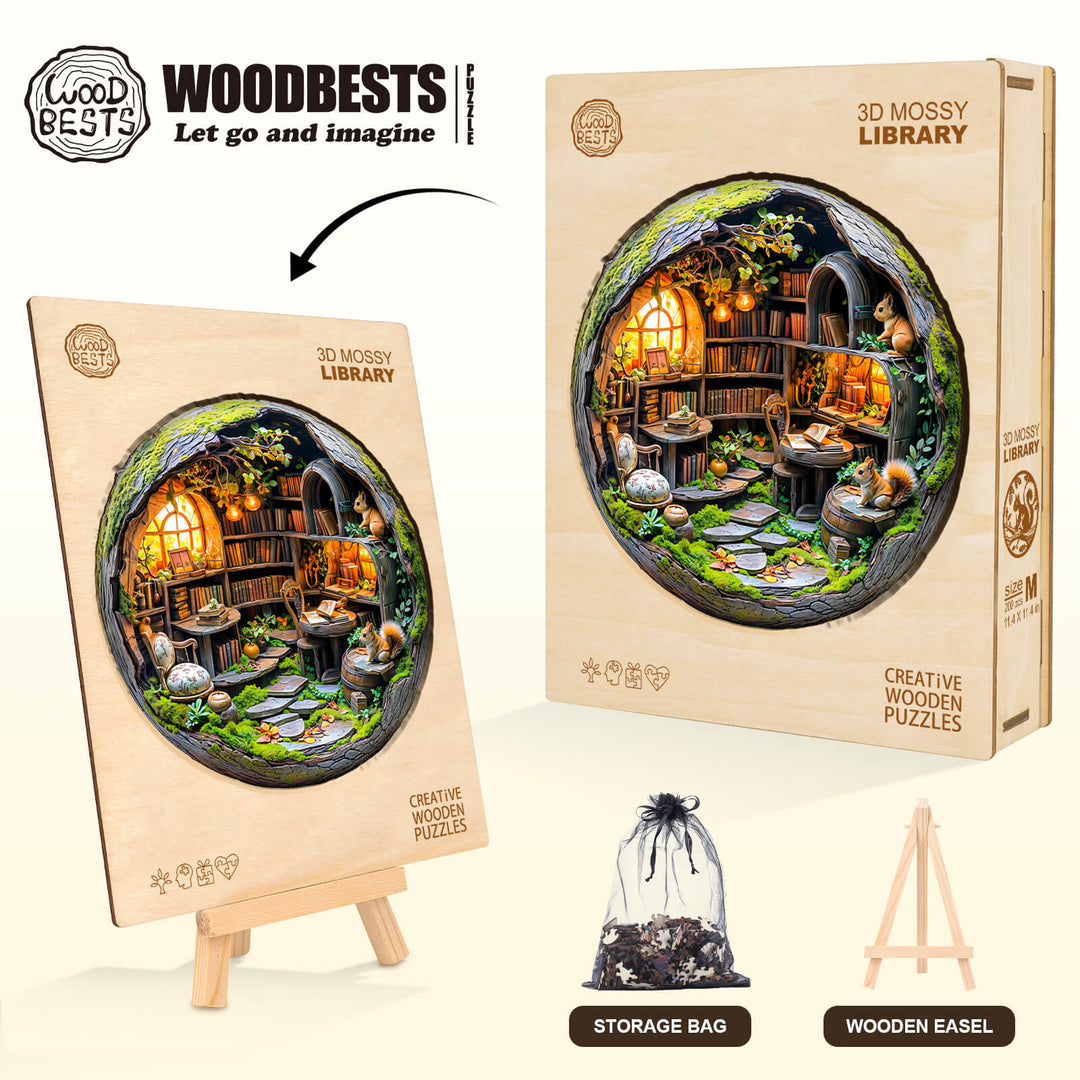 Moosbewachsene Bibliothek 3D-Holzpuzzle
