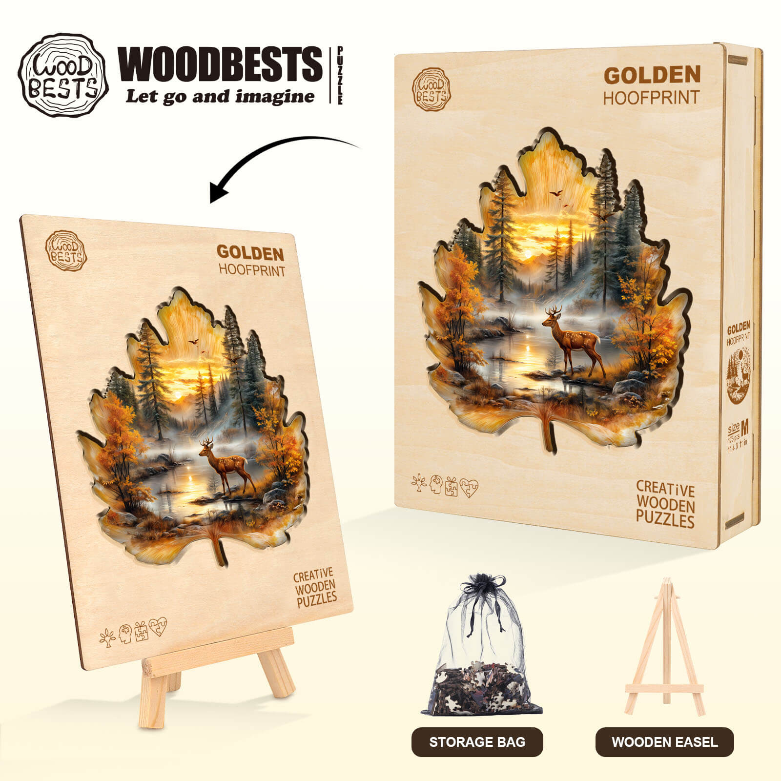 Golden Hoofprint wooden jigsaw puzzle with a deer design, featuring a storage bag and a wooden easel.