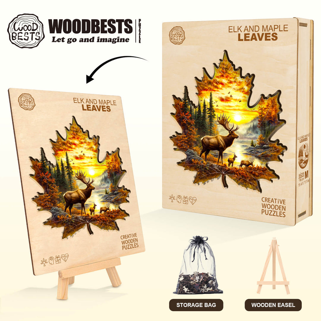 Elk and maple leaves Wooden Jigsaw Puzzle