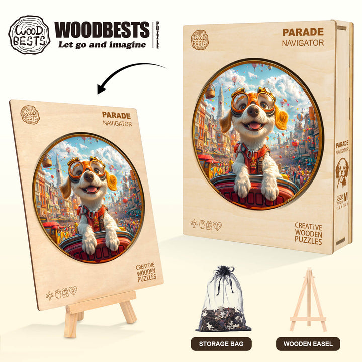 Parade Navigator wooden jigsaw puzzle featuring a playful dog in a vibrant city scene, includes storage bag and wooden easel.