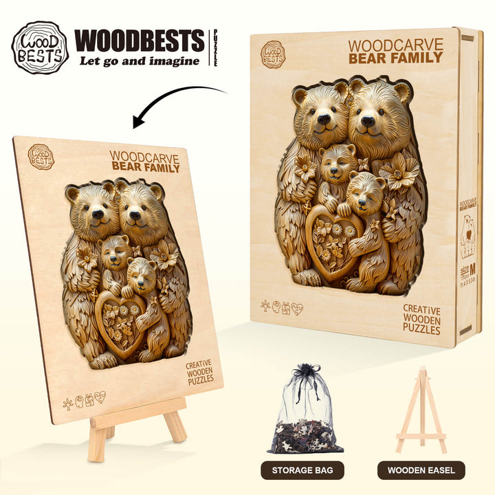Woodcarve bear family wooden jigsaw puzzle kit with storage bag and easel for creative mind games.