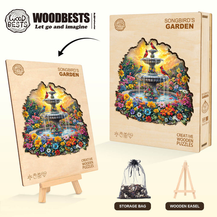 Songbird's Garden Wooden Jigsaw Puzzle displayed in packaging with vibrant colors and floral design, ideal for puzzle enthusiasts.