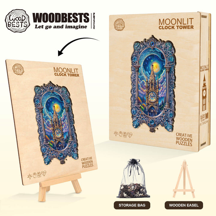 Mondbeschienener Uhrturm Holzpuzzle