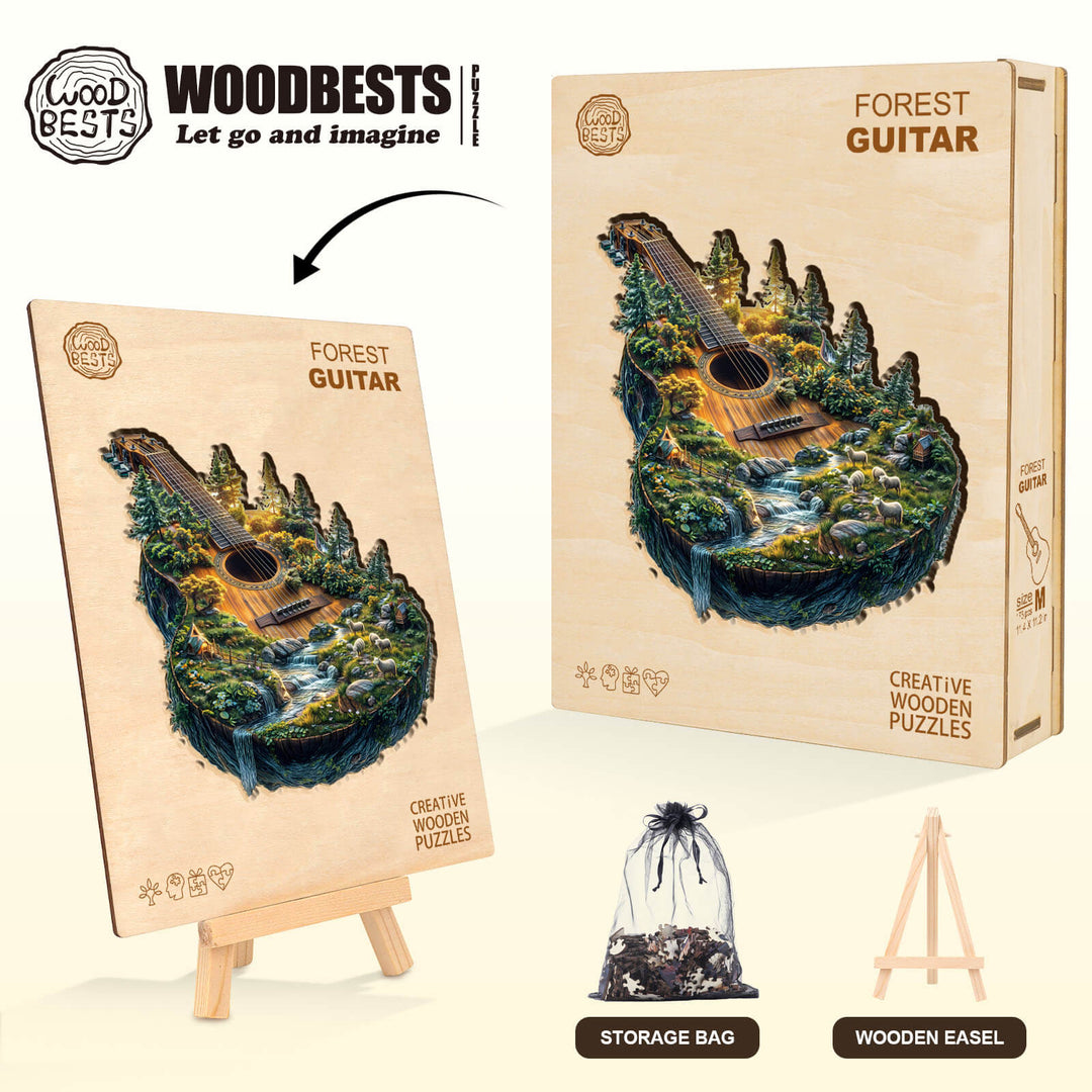 Forest guitar wooden jigsaw puzzle with natural landscape design, ideal for enhancing focus and problem-solving skills.