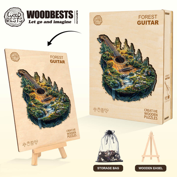 Forest guitar wooden jigsaw puzzle with natural landscape design, ideal for enhancing focus and problem-solving skills.