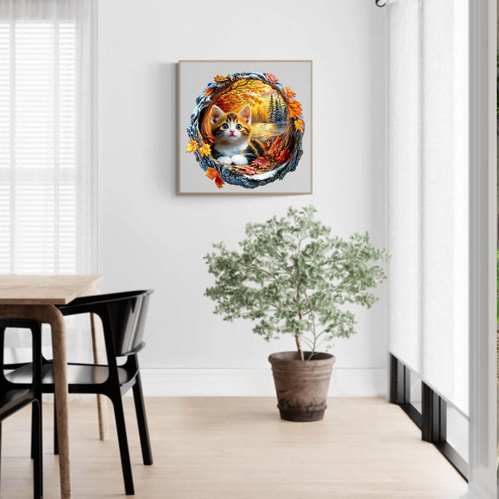 3D Kitten in Autumn jigsaw puzzle displayed in a stylish room with plants and modern decor.