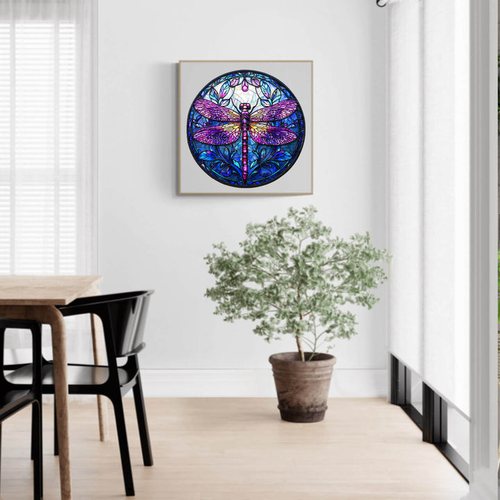 Sacred Dragonfly wooden jigsaw puzzle artwork in a modern living space with natural light and greenery.