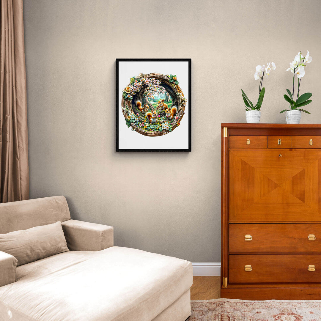 Framed 3D Spring Squirrel puzzle artwork in a cozy living room setting with soft furniture and plants.