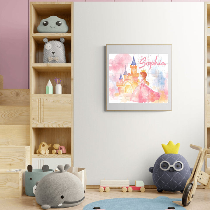 Colorful room decor featuring a personalized princess print for Sophia with a magical castle and cute plush toys.