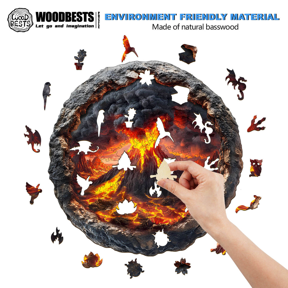 3D Volcanic Eruption wooden jigsaw puzzle being assembled with colorful pieces and vibrant lava design.