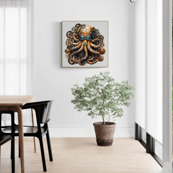 Steampunk Doctor Octopus artwork on wall above a plant in a modern room, showcasing unique puzzle design.