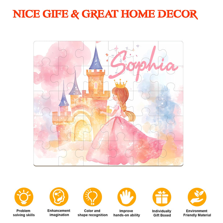 Fairy Tale Princess custom wooden jigsaw puzzle personalized for children, featuring a magical castle and pastel colors.