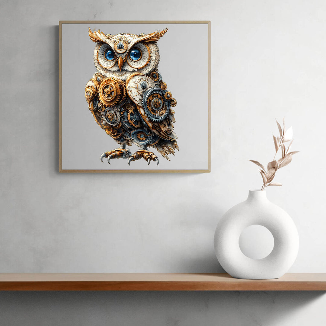 Intricate Mechanical Owl Wooden Jigsaw Puzzle displayed on a shelf, promoting focus and cognitive skills.
