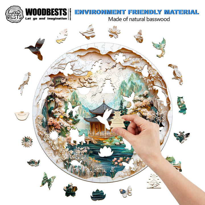 3D Chinese Landscape Painting wooden jigsaw puzzle made from natural basswood, showcasing a serene nature scene.