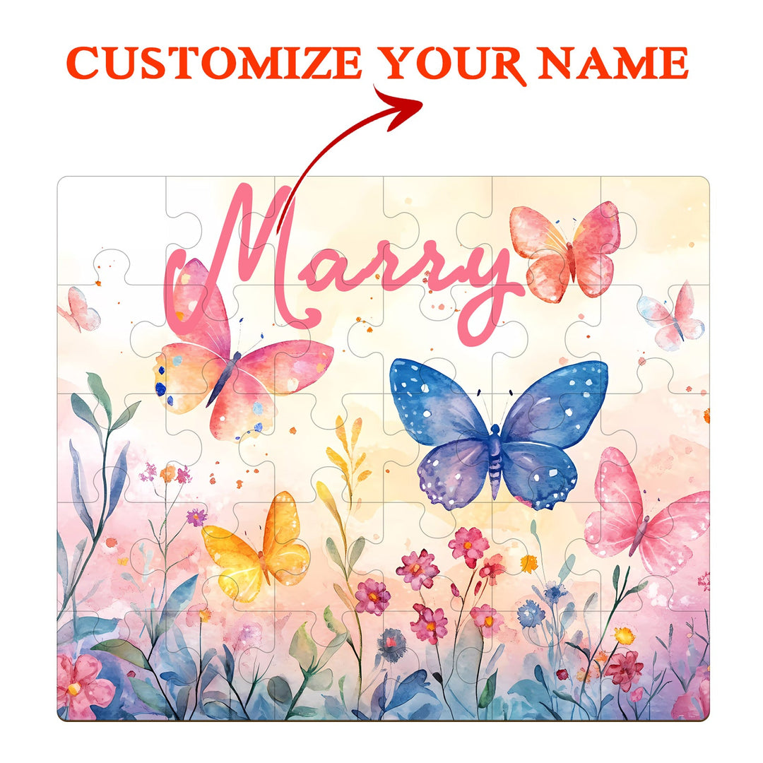 Custom wooden jigsaw puzzle featuring colorful butterflies and flowers, personalized with name 'Marry' for children.