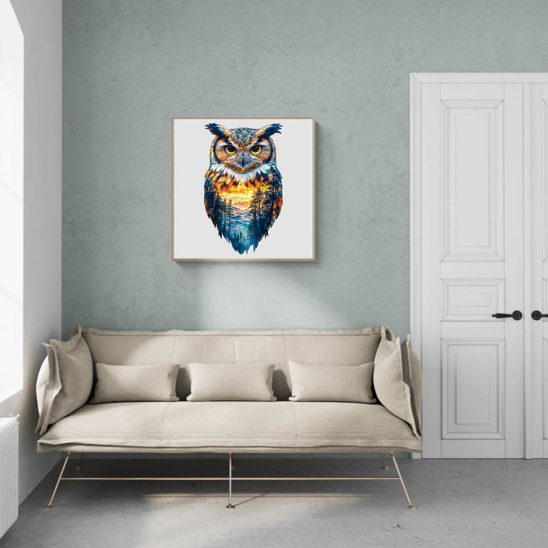 Colorful owl artwork on wall above stylish sofa in modern living room, showcasing intricate design and vibrant hues.