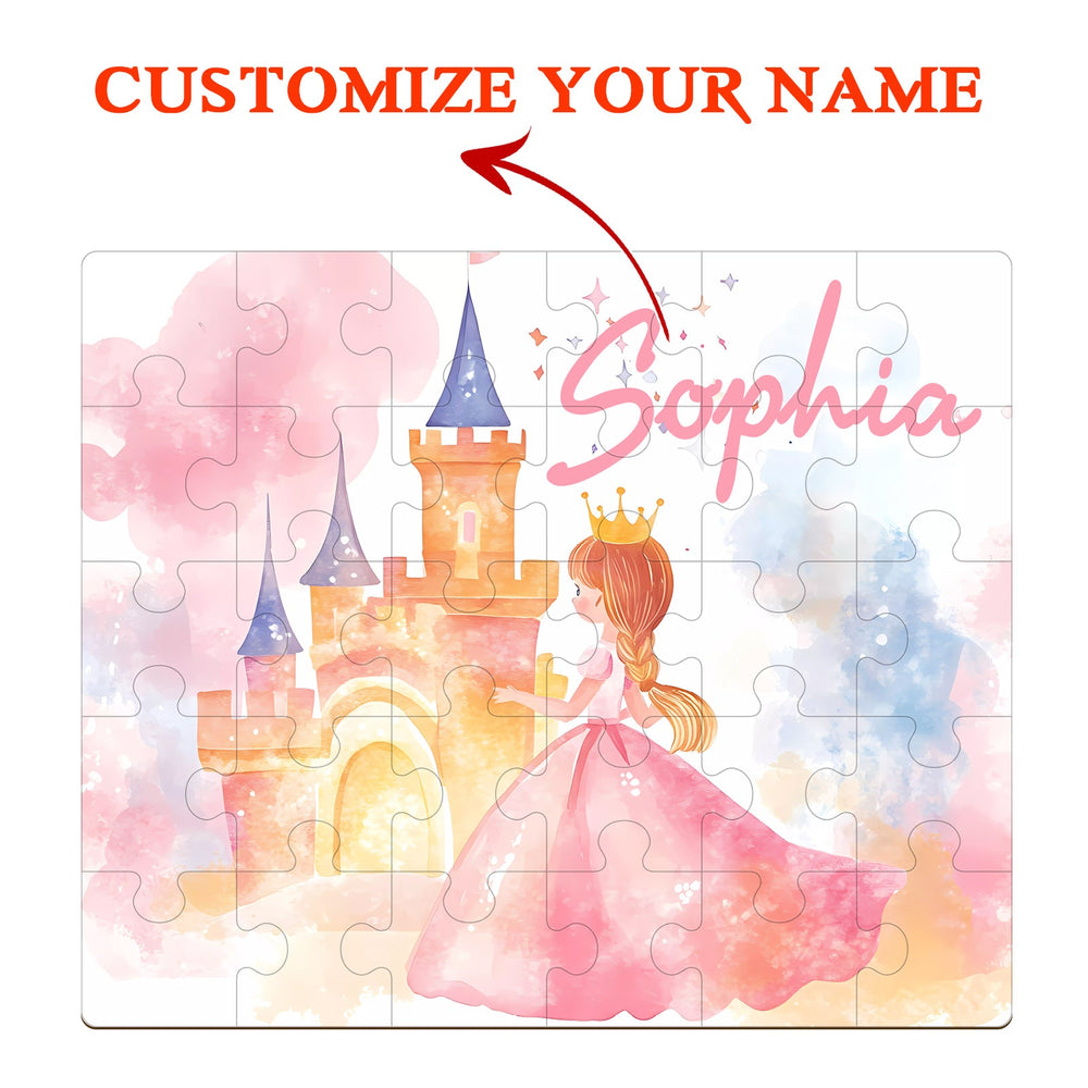 Fairy Tale Princess wooden jigsaw puzzle, customizable with child's name, featuring pastel colors and a magical castle.