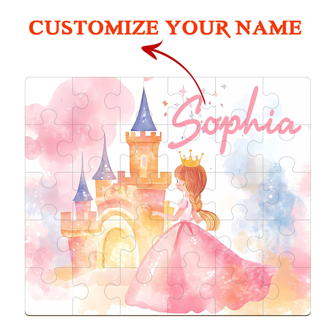 Fairy Tale Princess wooden jigsaw puzzle, customizable with child's name, featuring pastel colors and a magical castle.