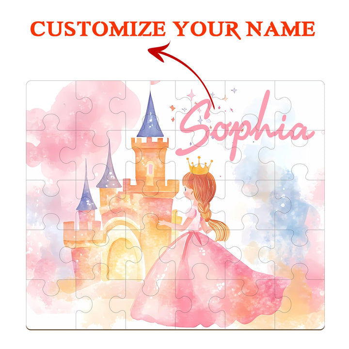 Fairy Tale Princess wooden jigsaw puzzle, customizable with child's name, featuring pastel colors and a magical castle.