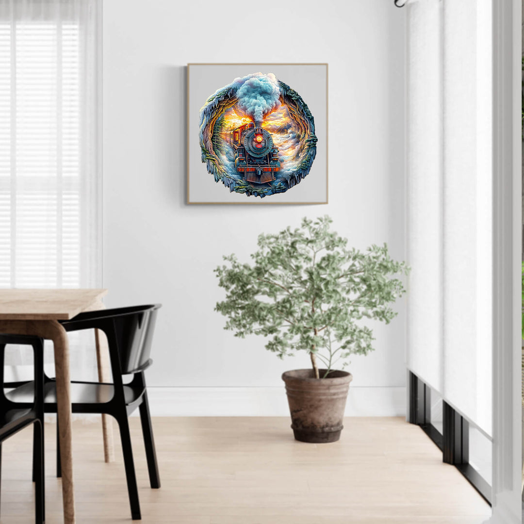 Colorful 3D steam train art print on wall with greenery and dining set, perfect for fans of jigsaw puzzles and mind games.