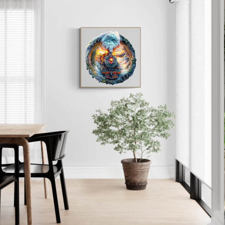 Colorful 3D steam train art print on wall with greenery and dining set, perfect for fans of jigsaw puzzles and mind games.