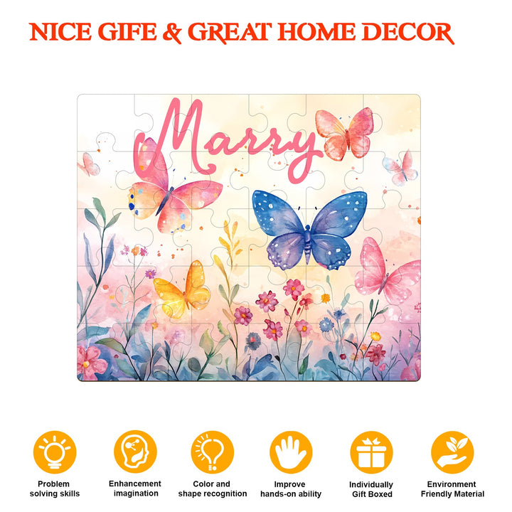 Personalized wooden jigsaw puzzle featuring colorful butterflies and flowers with the name Marry, ideal for children.