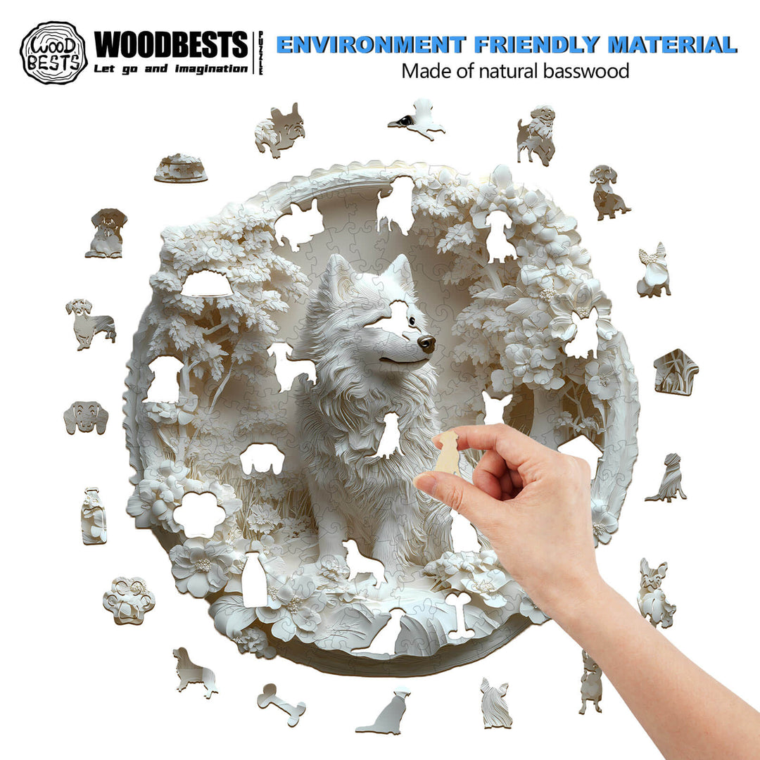 3D Paper Samoyed wooden jigsaw puzzle made of natural basswood, perfect for enhancing focus and problem-solving skills.