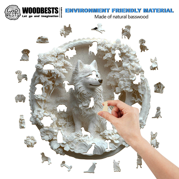 3D Paper Samoyed wooden jigsaw puzzle made of natural basswood, perfect for enhancing focus and problem-solving skills.