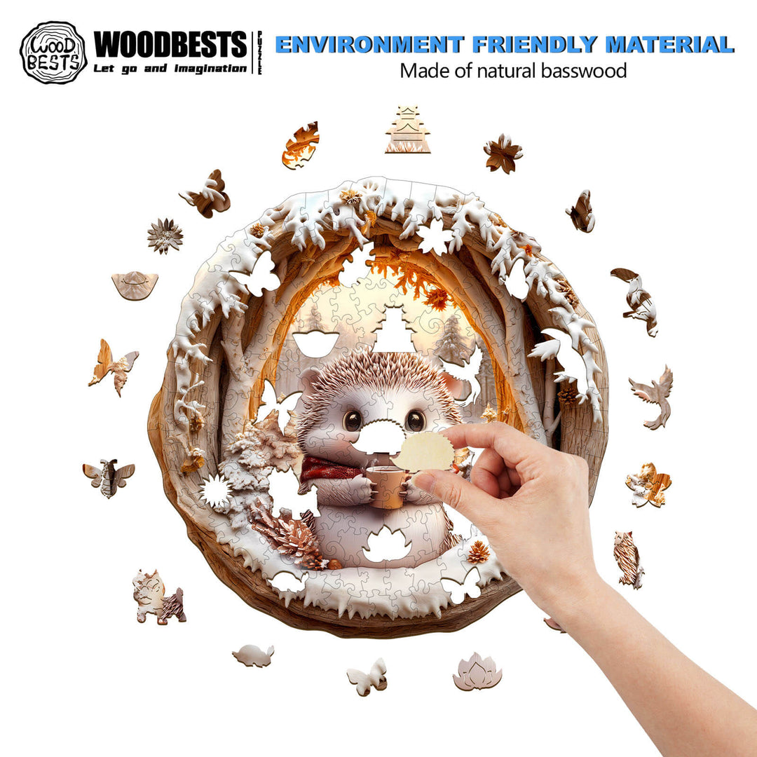 3D Cave Hedgehog Wooden Jigsaw Puzzle showcasing eco-friendly design and engaging puzzle pieces for mental focus.