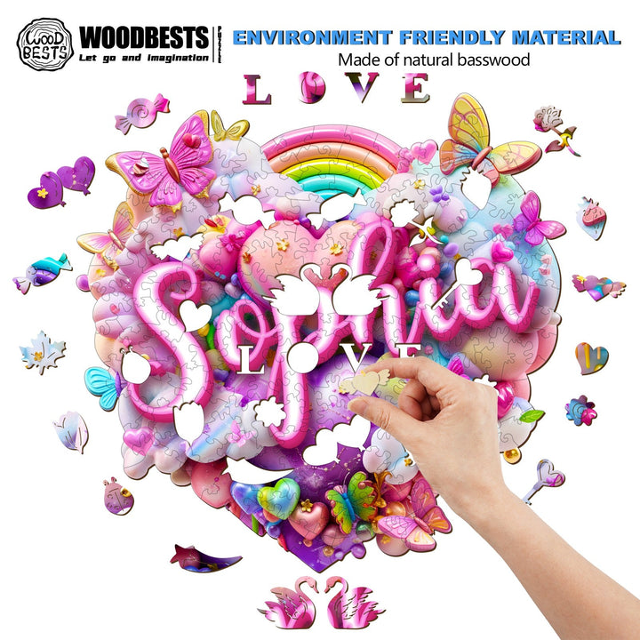 Custom name wooden jigsaw puzzle featuring colorful butterflies and clouds, personalized for Sophia.