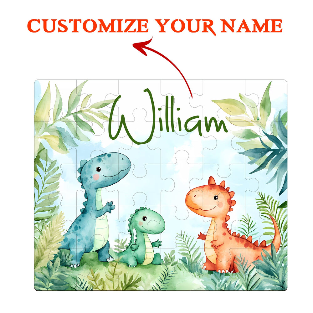 Custom wooden jigsaw puzzle featuring friendly dinosaurs and the name William in a vibrant, lush design.